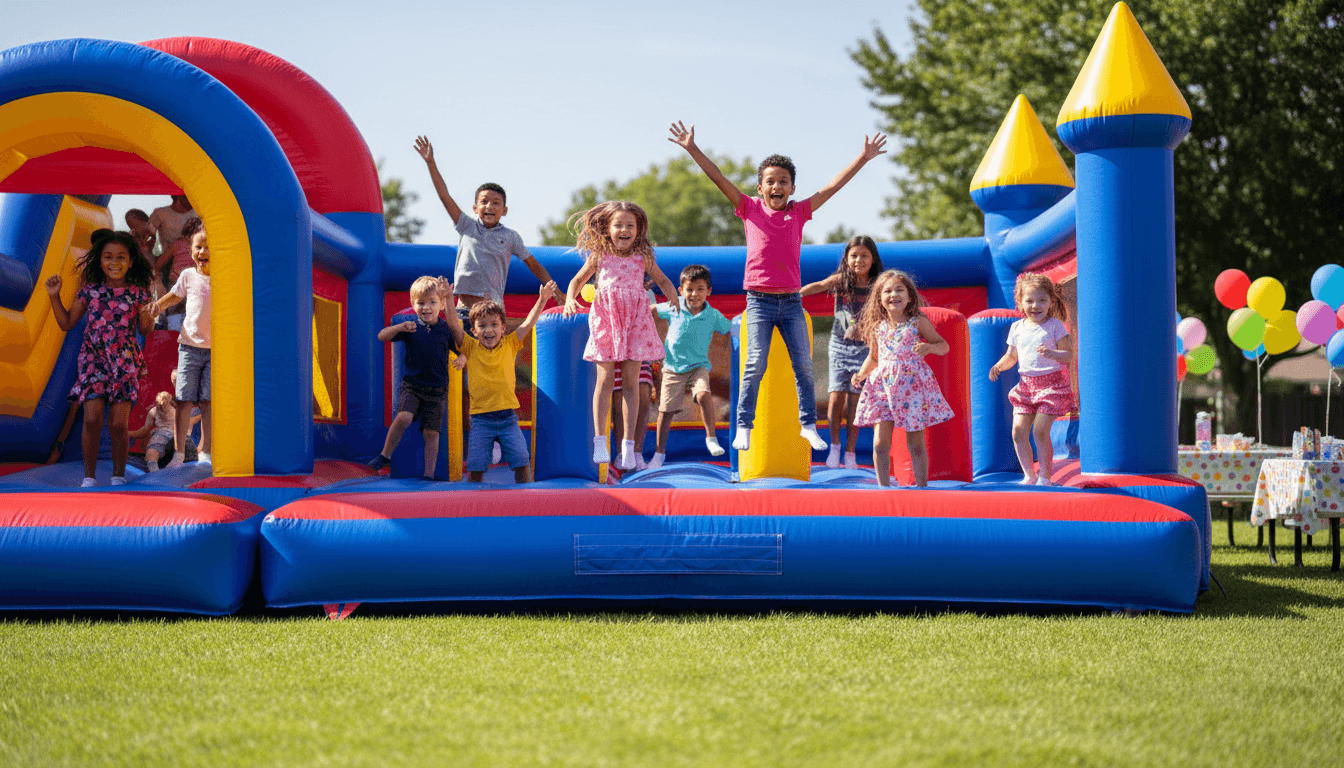 Children bouncing on inflatable play equipment