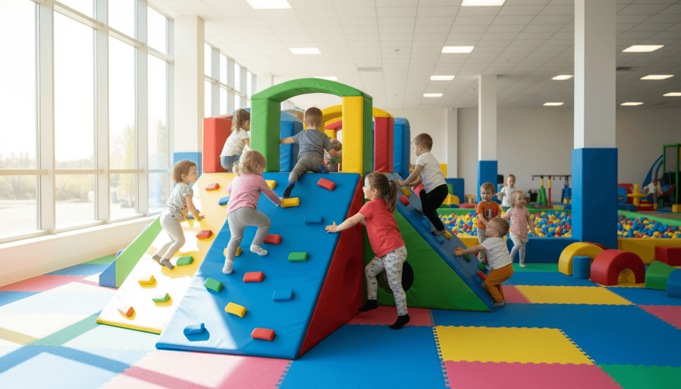 Children enjoying colorful climbing structures and play equipment in a bright, safe indoor playground facility