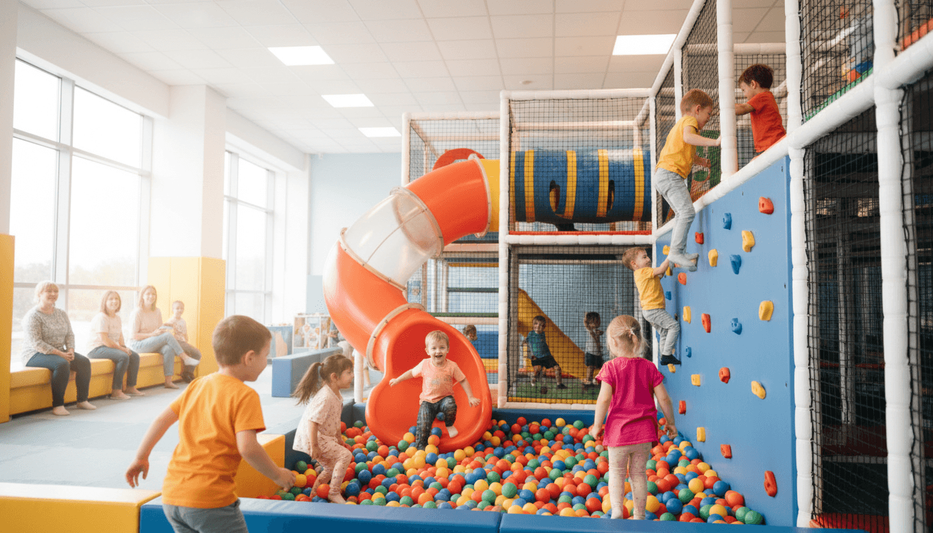 Kids enjoying safe indoor play area at Lollipops with climbing equipment and slides